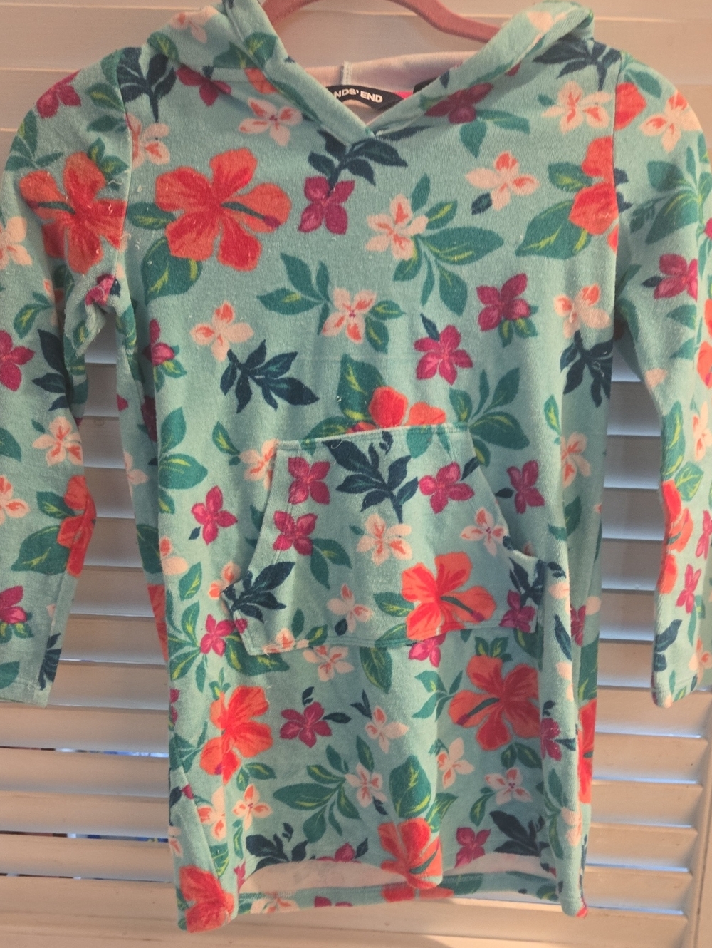 Lands' End Aqua Floral Hooded Pool Coverup Dress with Coral & Fuchsia Flowers